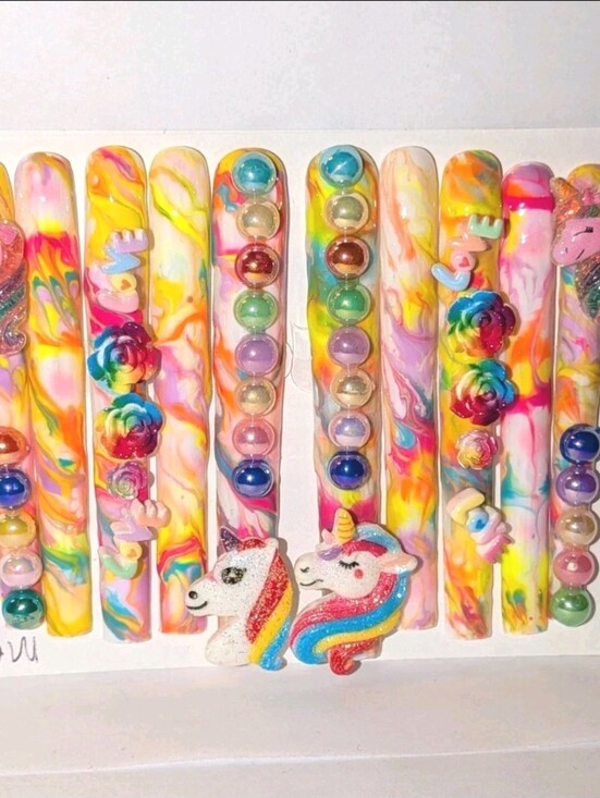 Handmade Other - Hand Crafted Multicolor Unicorn 6Xl Press-On Nails with Rainbow Accents Sz Mediu